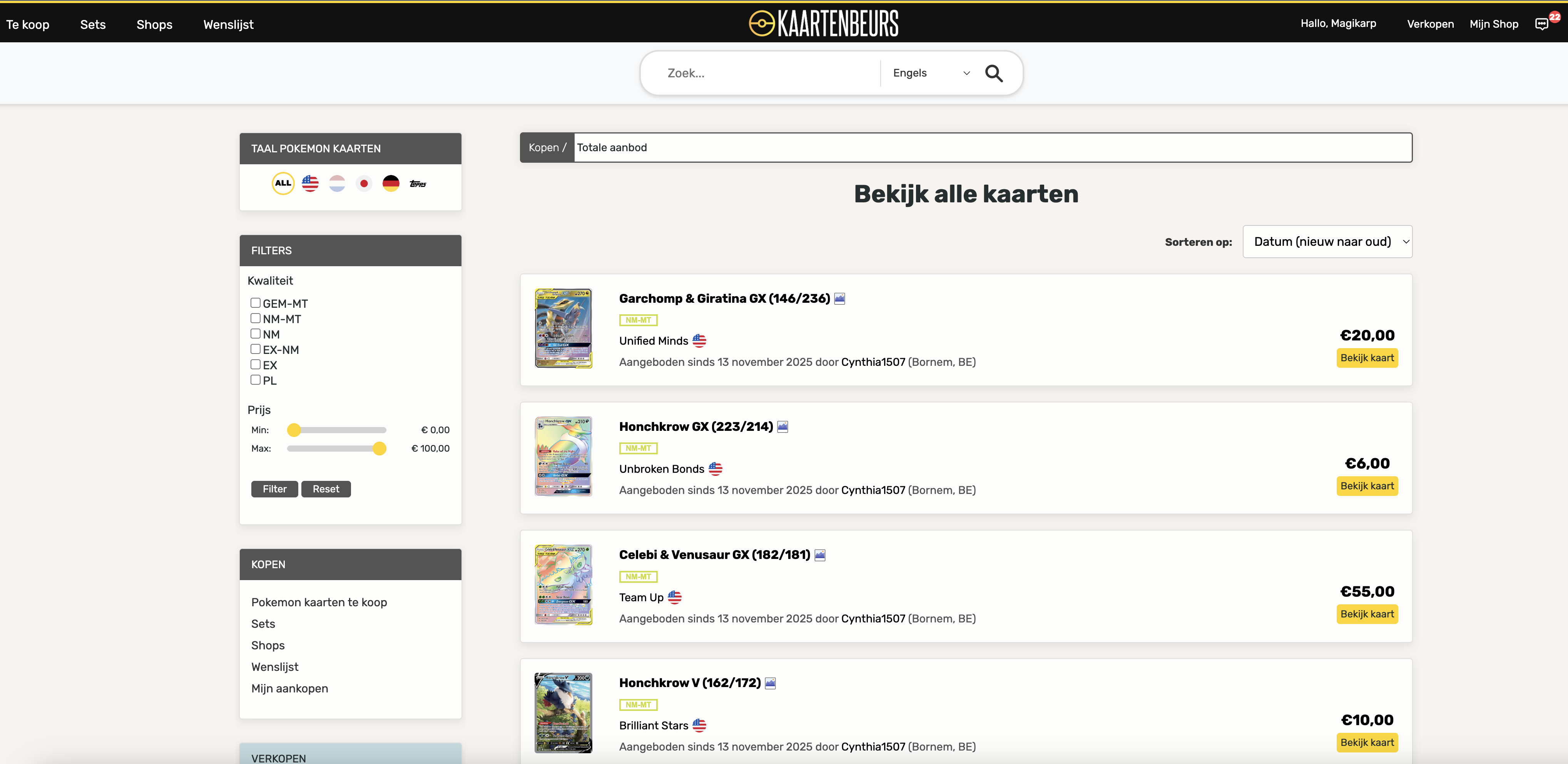 Trading card marketplace interface preview