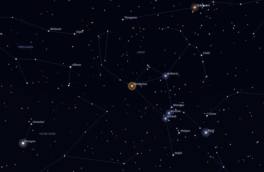 Het sterrenbeeld Orion met de heldere sterren Betelgeuse, Rigel en Bellatrix